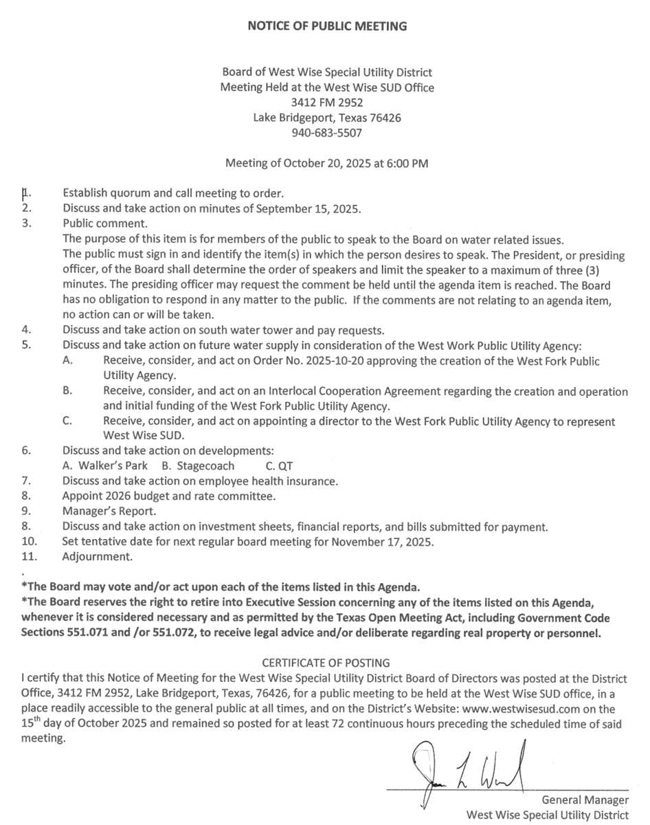 Board Meeting Agenda 10/20/25