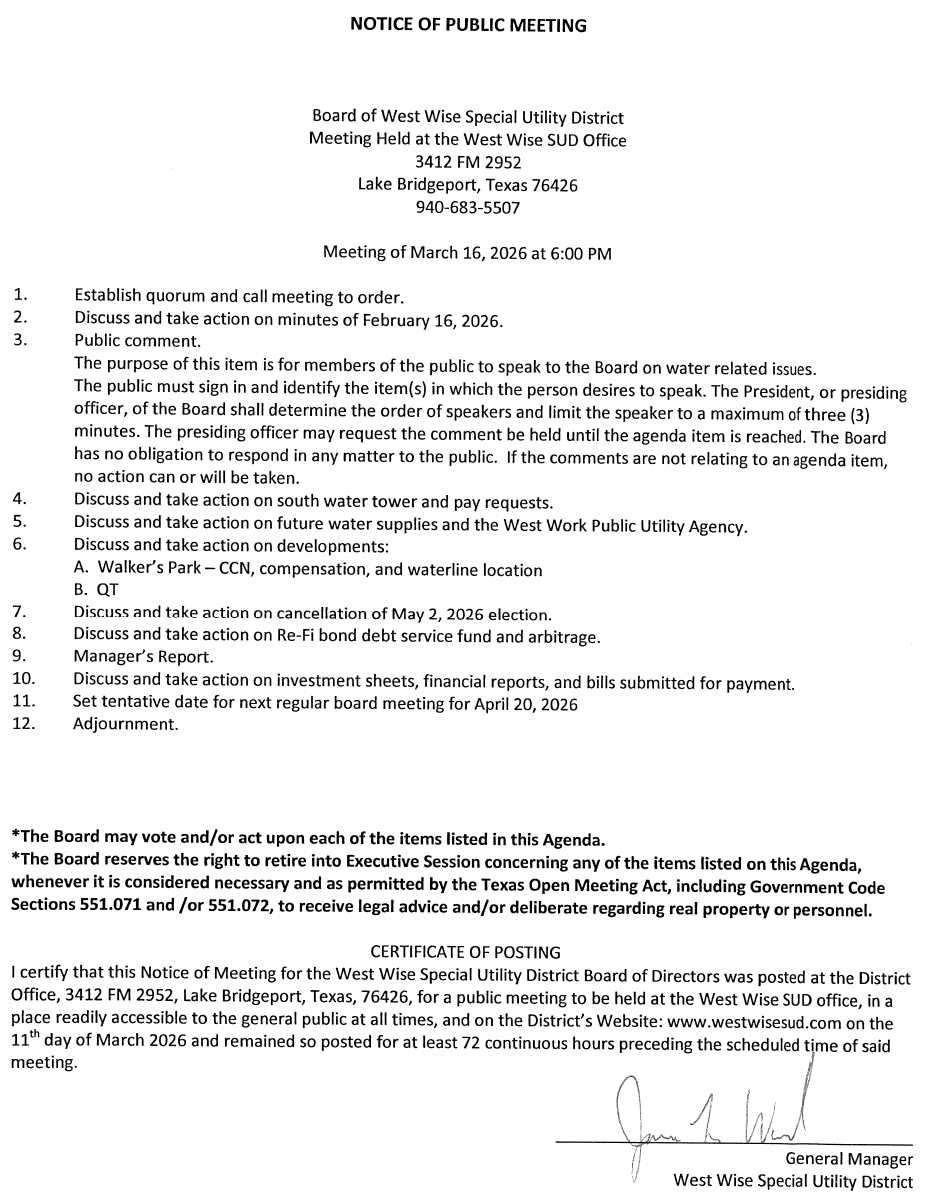 Board Meeting Agenda 3/16/26