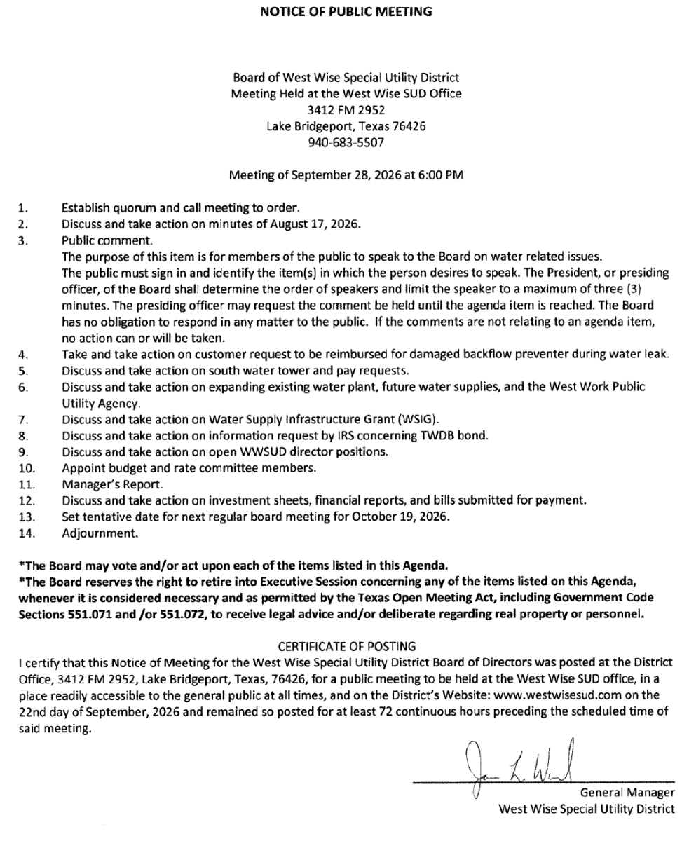 Board Meeting Agenda 9/28/26